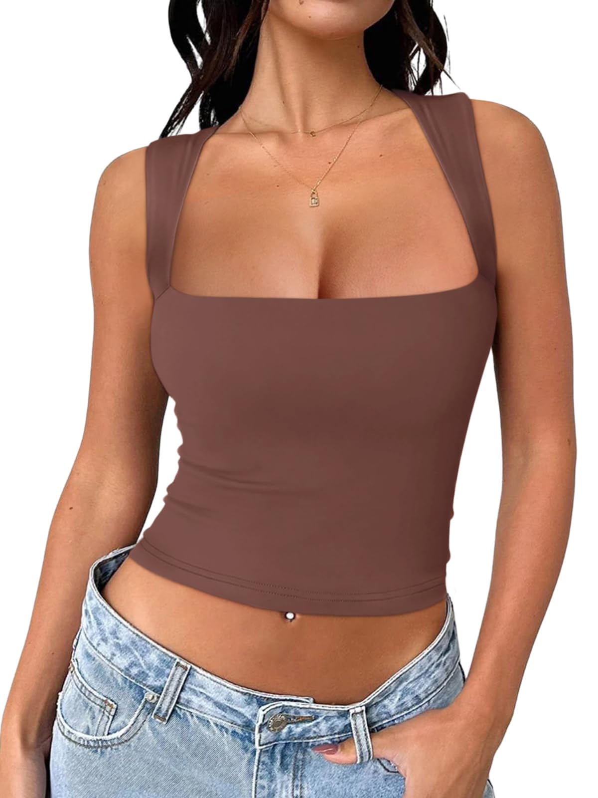 REORIAWomen's Square Neck Going Out Crop Tops Double Lined Cute Basic Tank Tops Trendy Clothes