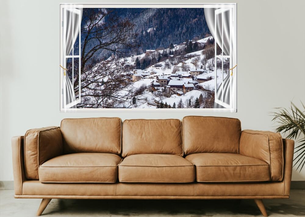 JVERF - JZZE07061 Italy Houses Winter Forests Alta Badia Alps Snow| Self-Adhesive Open Window Wall Sticker