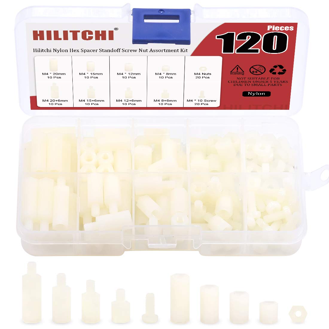 Hilitchi 120pcs M4 Male Female Nylon Hex Spacer Standoff Screw Nut Assortment Kit (Nylon M4)