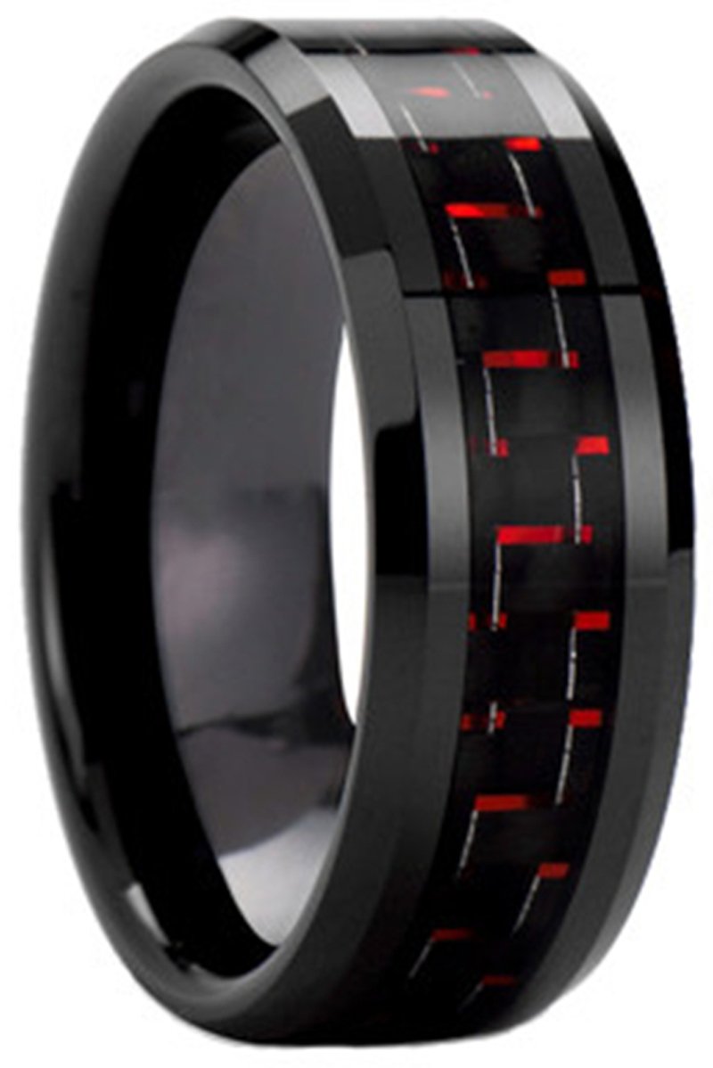 AZYOUNGBlack Red Carbon Fiber Tungsten Carbide Ring Men Women Wedding Engagement Band - 8MM