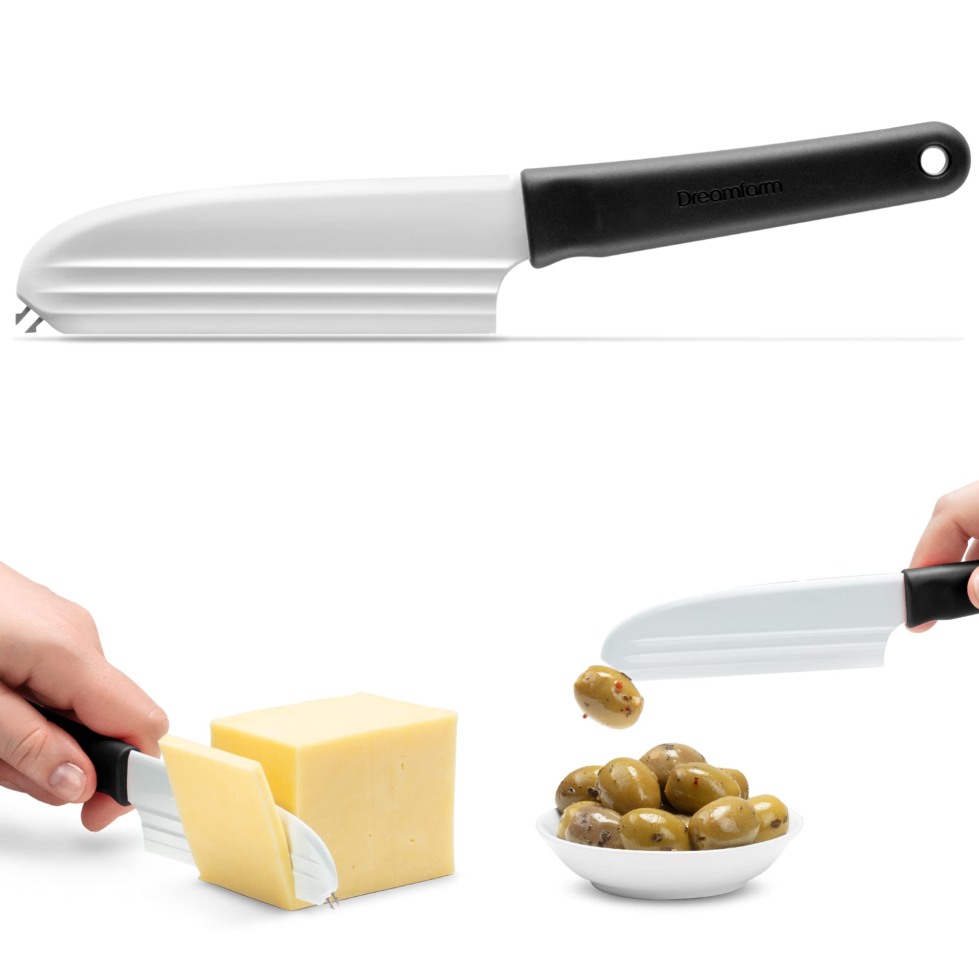 Dreamfarm Knibble Lite | Non-Stick Cheese Knife with Stainless Steel Forks | Multi-Functional Kitchen Knife with Unique Ridged Blade | Perfect for Slicing, Spreading, and Serving | Black