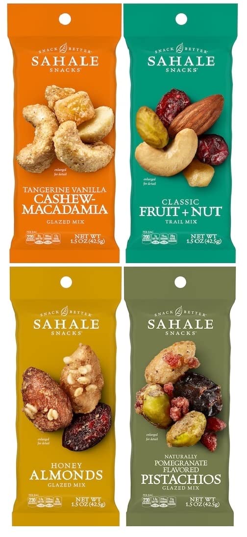 Make Your DayNut Variety Featuring Sahale Snacks Glazed Nut Mix, Tangerine Vanilla, Fruit & Nut, Honey Almonds, and Pomegranate Flavored Pistachios, 1.5 Ounce (Pack of 12) - with Make Your Day Bag Clip