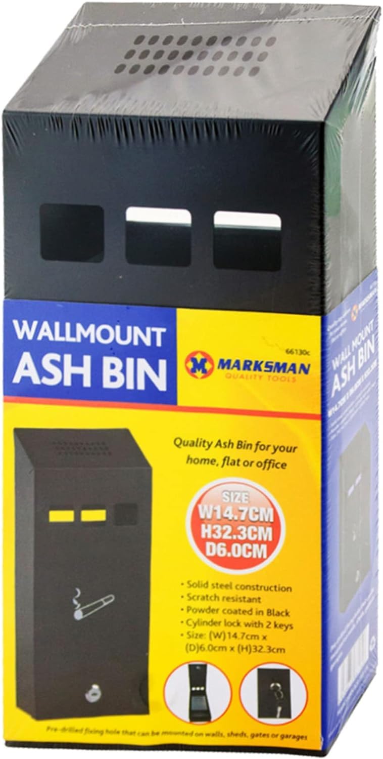 HOMEVIBE Ash Bin | Steel Ashtray Black Compact Pub Club Home Office Flat Cigarette Cigar Wall Mounted Lockable Heavy Duty + Keys UK FREE P&P, W14.7cm x D6.0cm x H32.3cm