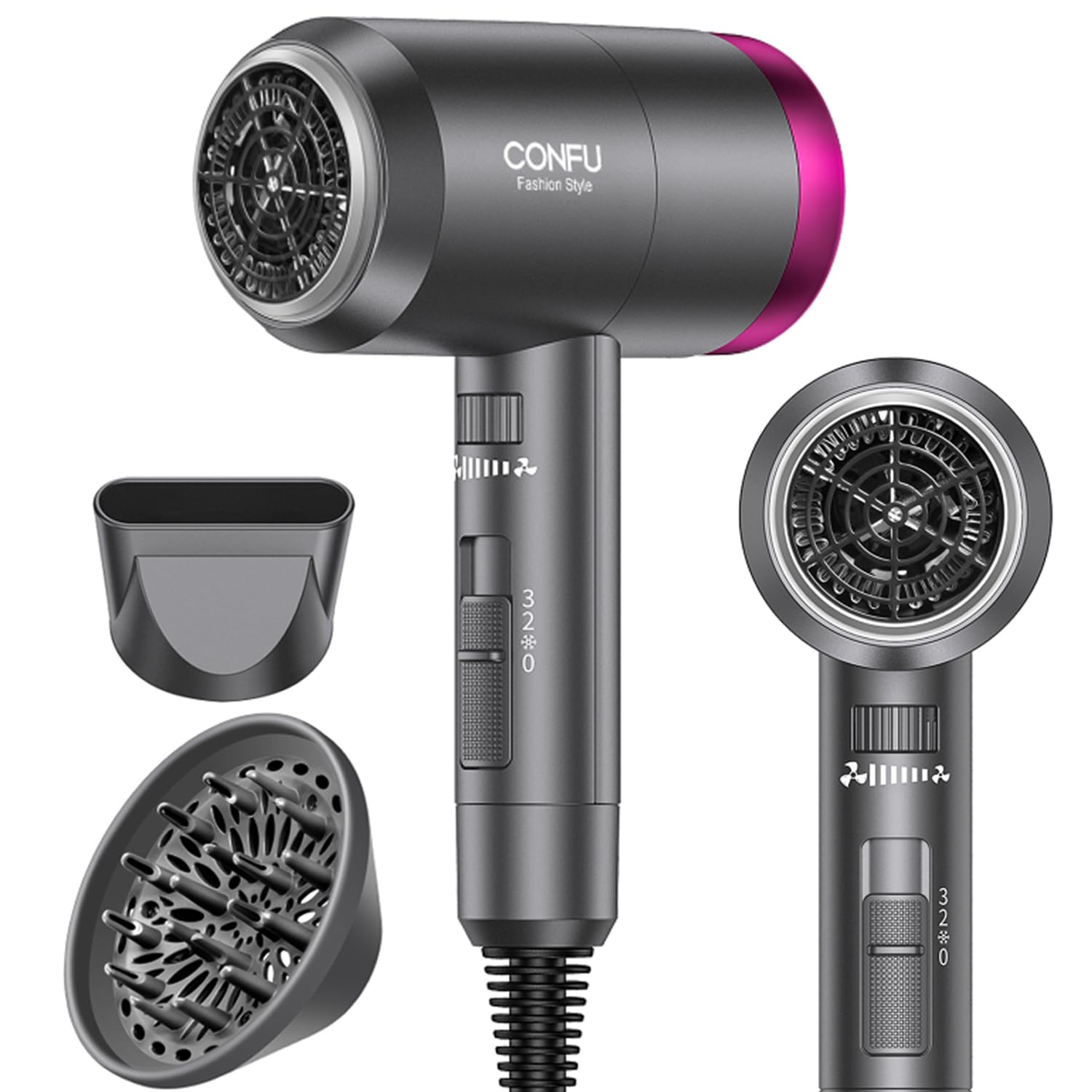 CONFU Ionic Blow Dryer 1600W, Portable Lightweight Fast Drying Negative Ion Hairdryer Blowdryer, 3 Heat Settings & Infinity Speed, with Diffuser and Concentrator Nozzle for Home & Travel