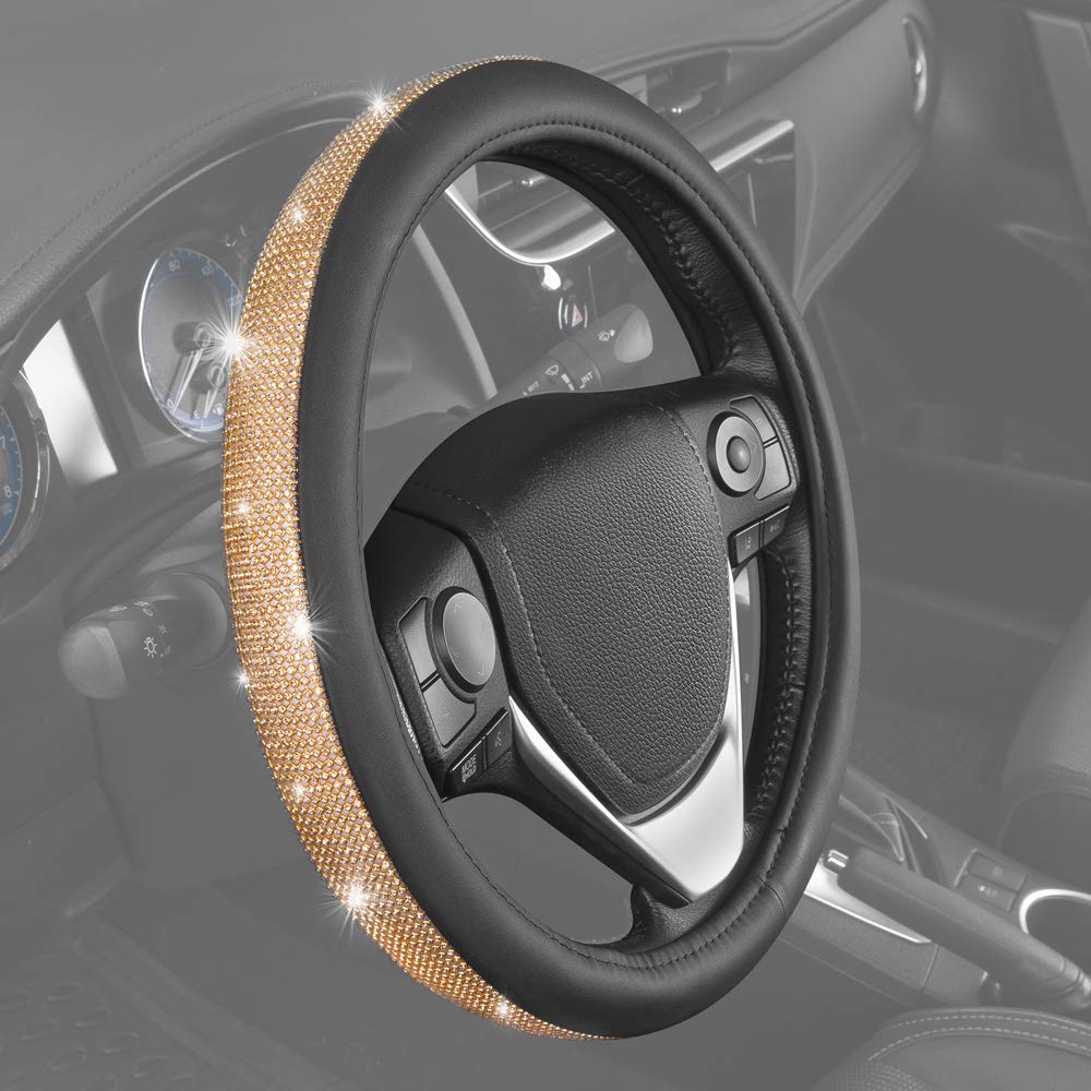 BDK Bling Bling Glitter Diamond Leather Steering Wheel Cover with 9 Rows Crystal Rhinestones, Fits Wheels 14.5-15 inch for Women/Girls Gold