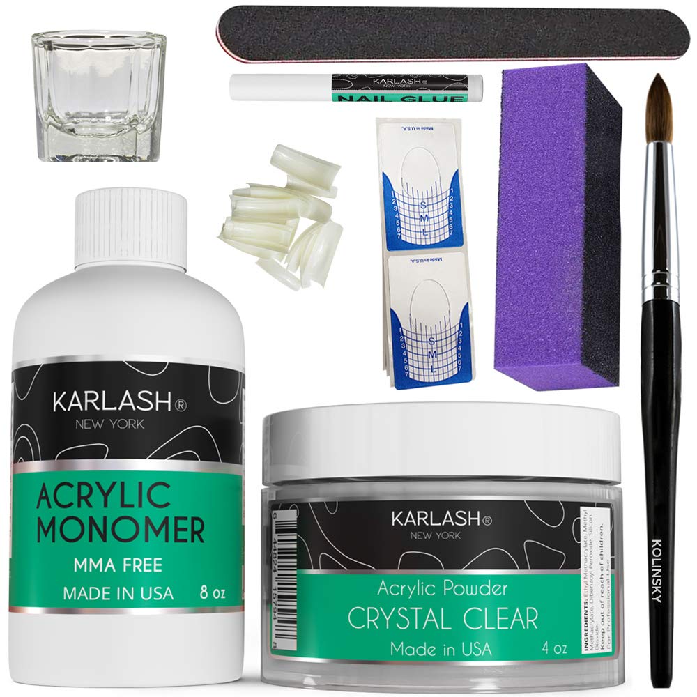 Karlash Professional Acrylic Salon Intro KIT (No MMA Liquid Monomer 8 oz, Clear Acrylic Powder 4 oz, dappen dish, Kolinsky Acrylic Nail Brush, Nail Tips and Glue, Extension Form, Nail File and Buffer)