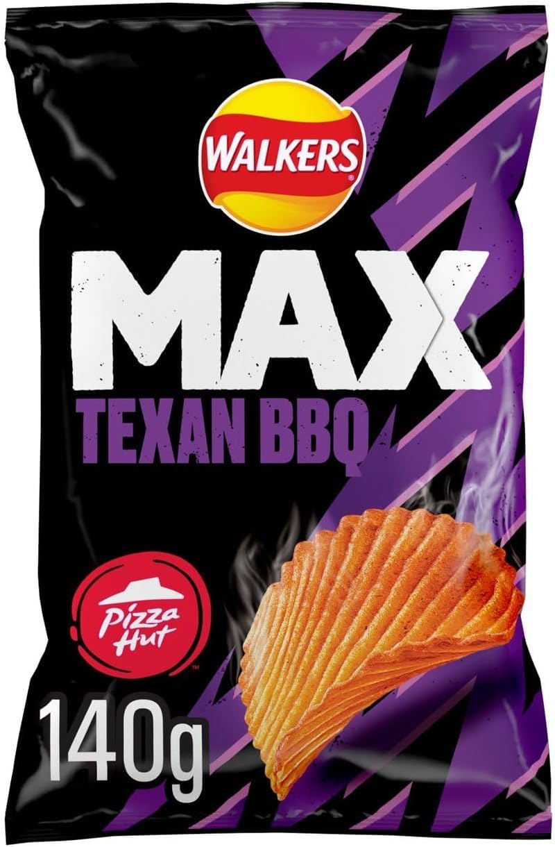 Walkers Max Pizza Hut Texas BBQ Sharing Crisps 140g(2 Pack), Irresistible, deep-ridged crisps for a bolder taste experience, Suitable for Vegetarians, No Artificial Colours, No Added MSG