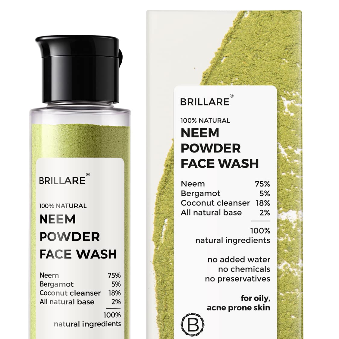 BRILLARE Neem Face Wash | for Acne & Pimples | with Bergamot for Clear Skin | 100% Natural Powder Facewash | 30g