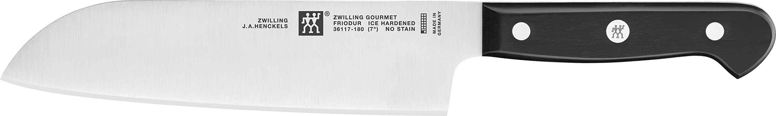 Zwilling Gourmet Santoku Knife 18cm. Forged Special Formula High-Carbon stainless steel. Ice-hardened. Precision-honed. Ergonomic handle. 57 Rockwell Hardness. 15 degrees edge angle. Made in Germany