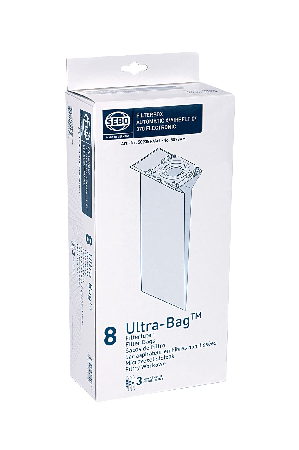 SEBO 5093ER Electrostatic Fleece Bags for Upright Vacuum Cleaner, Pack of 8, White