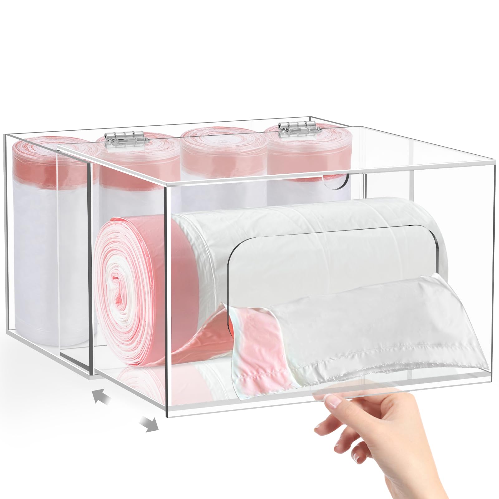 Acrylic Trash Bag Dispenser, 2 in 1 Extra Large Under Sink Garbage Bag Organizer, Kitchen Trash Bag Storage Holder with Lid for 13 30 33 Gallon Garbage Bag