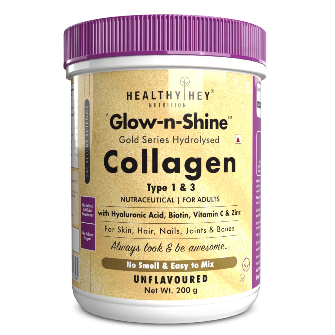 HealthyHey Nutrition Collagen Gold Series with Hyaluronic Acid, Biotin & Vitamin C - No Smell - Easy to Mix - No Added Sugar - For Skin, Hair & Nails (Unflavoured, 200gm)