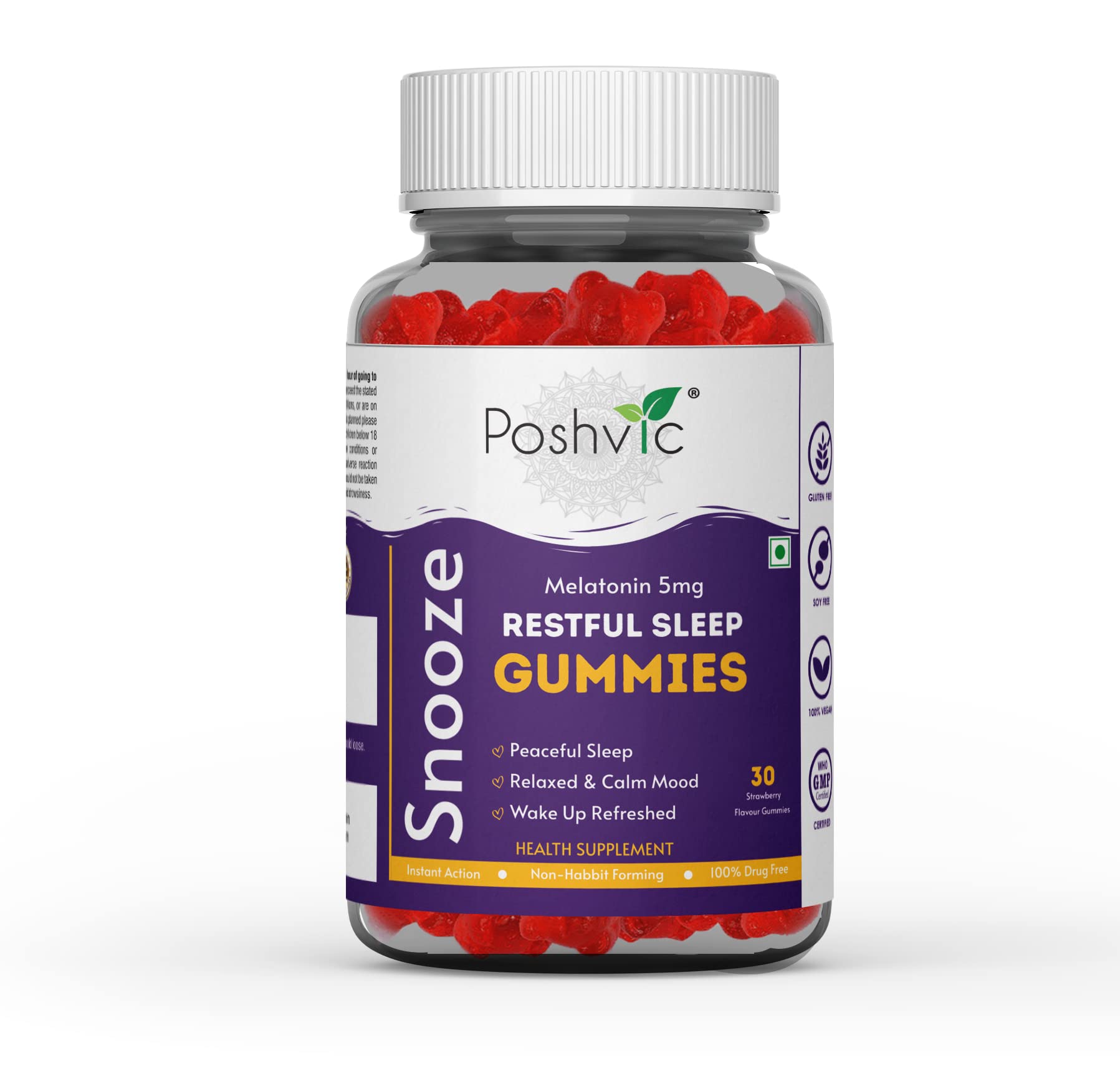 POSHVIC SNOOZE Melatonin Gummies for Restful and Peaceful Sleep | Deep Relaxation and Calm | Good Night Sleep | Plant Based Gummies | Tasty Strawberry Flavor | 30 Gummies