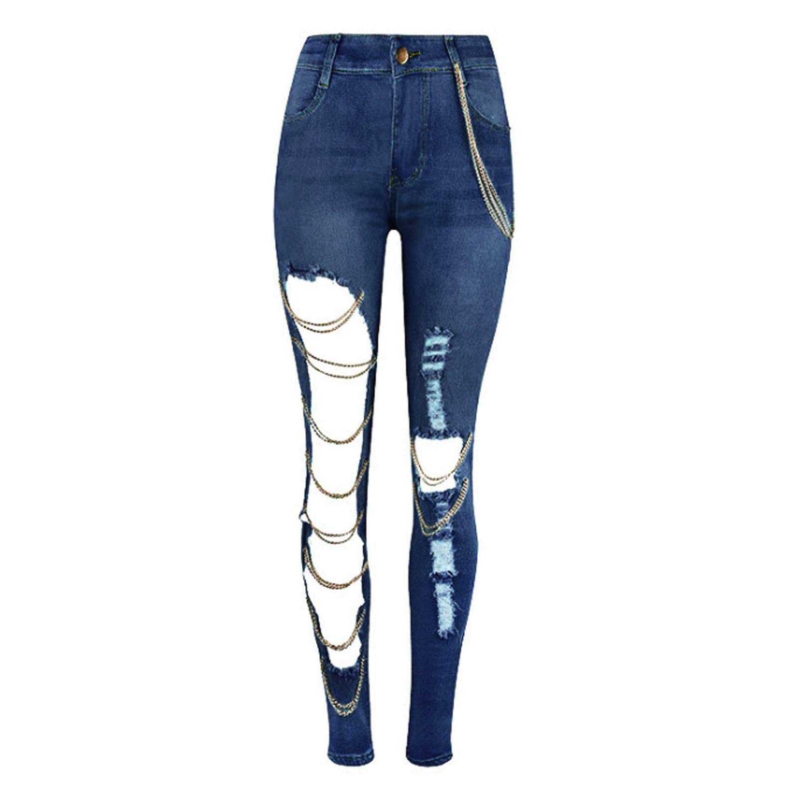 DigoodPlus Size Pants,Fashion Women Solid Slim Denim Ripped Chain Big Hole Jeans Trousers Pencil Pants