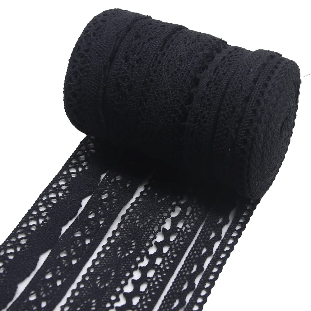 SEMINI 30 Yards Lace Trim Vintage Lace Ribbon Crochet Lace Scalloped Edge for Bridal Wedding Decoration Christmas Package DIY Sewing Craft Supply, 5 Yards Each, 6 Styles (Black 01)