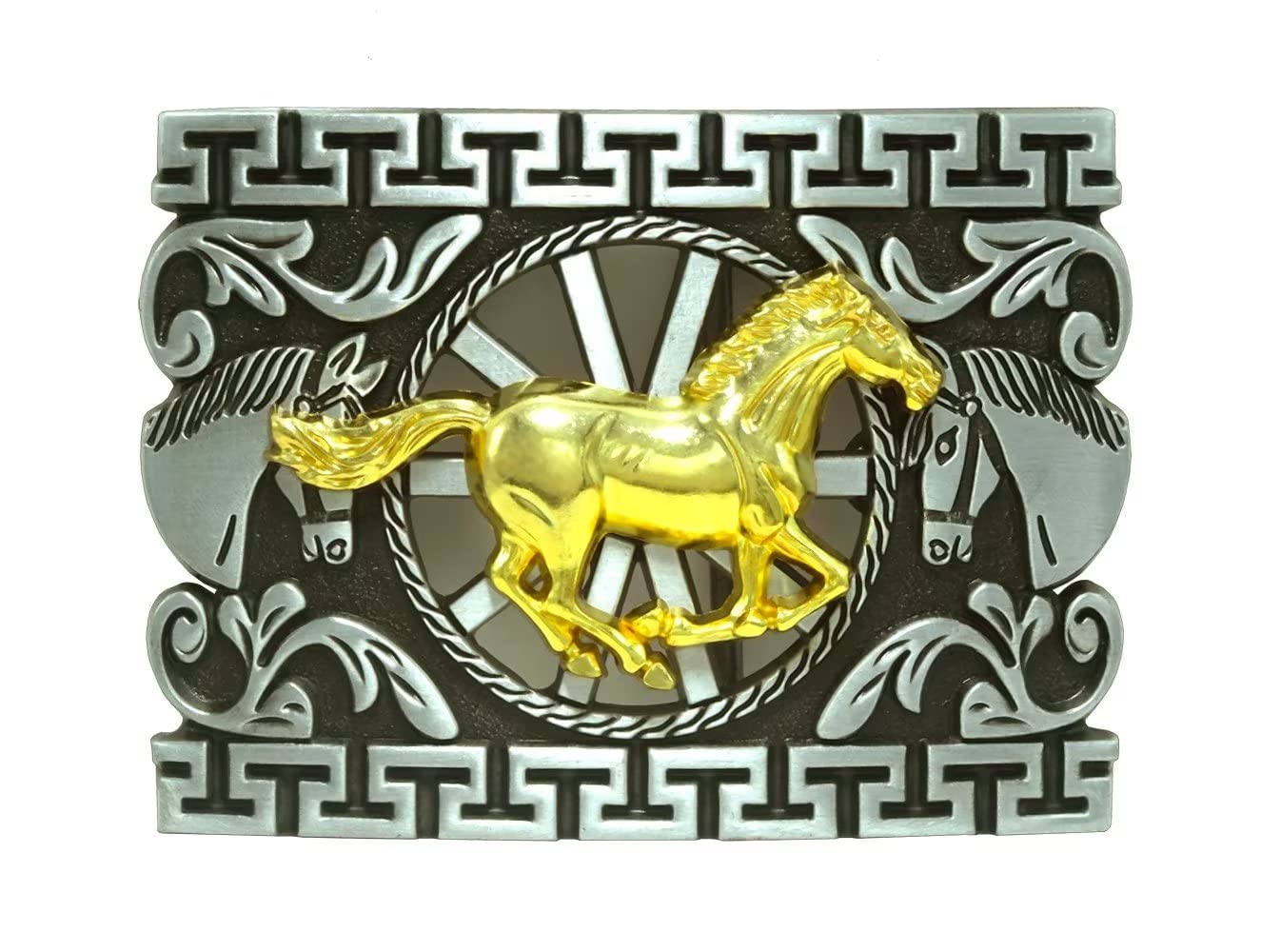 Moranse Golden Nice Running Horse Carving Style Western Cowboy Belt Buckles, Nice Horse, M