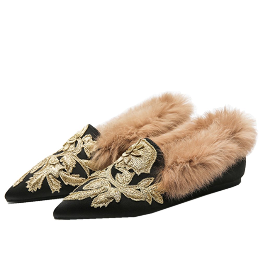 Divanne Slip On Loafers, Womens Embroidery Mule Shoes with Plush Lamb Fur Velvet Backless Pointed Toe Mule Slide