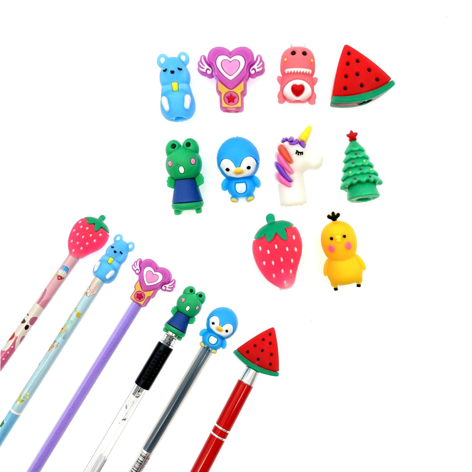 JZK 10x Silicone pencil caps, pen cap replacement for ballpoint pens and gel ink pens, pencil tip protector, fruit animal pencil toppers for kids, cute pencil tops