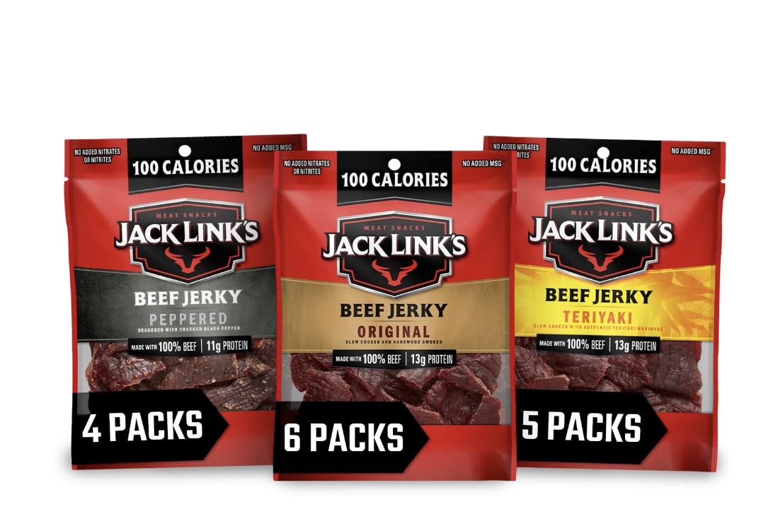 Jack Link's Beef Jerky Variety Pack - Includes Original, Teriyaki, and Peppered Beef Jerky - 96% Fat Free, No Added MSG- 1.25 Oz (Pack of 15)