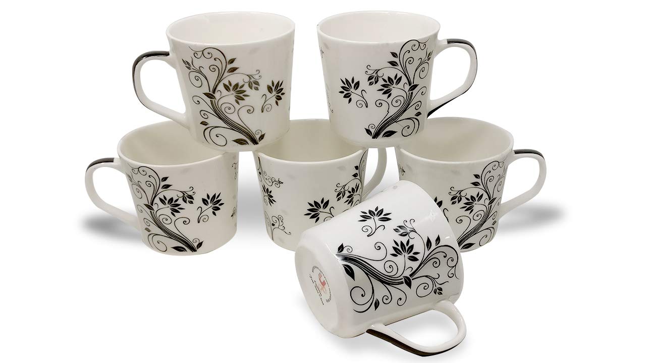 UPC Set of 6 Coffee Mugs Black Decal Fine Bone China Ceramics Tableware Made of Fine Bone China, Light, Cup Set for Tea of 6 Latest Design 220ML/CUP