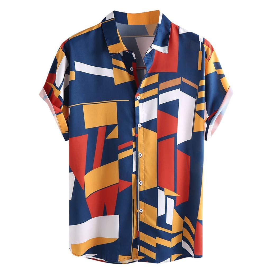 IHGTZS Men's Shirts, Contrast Color Geometric Printed Turn Down Collar Short Sleeve Loose Shirts