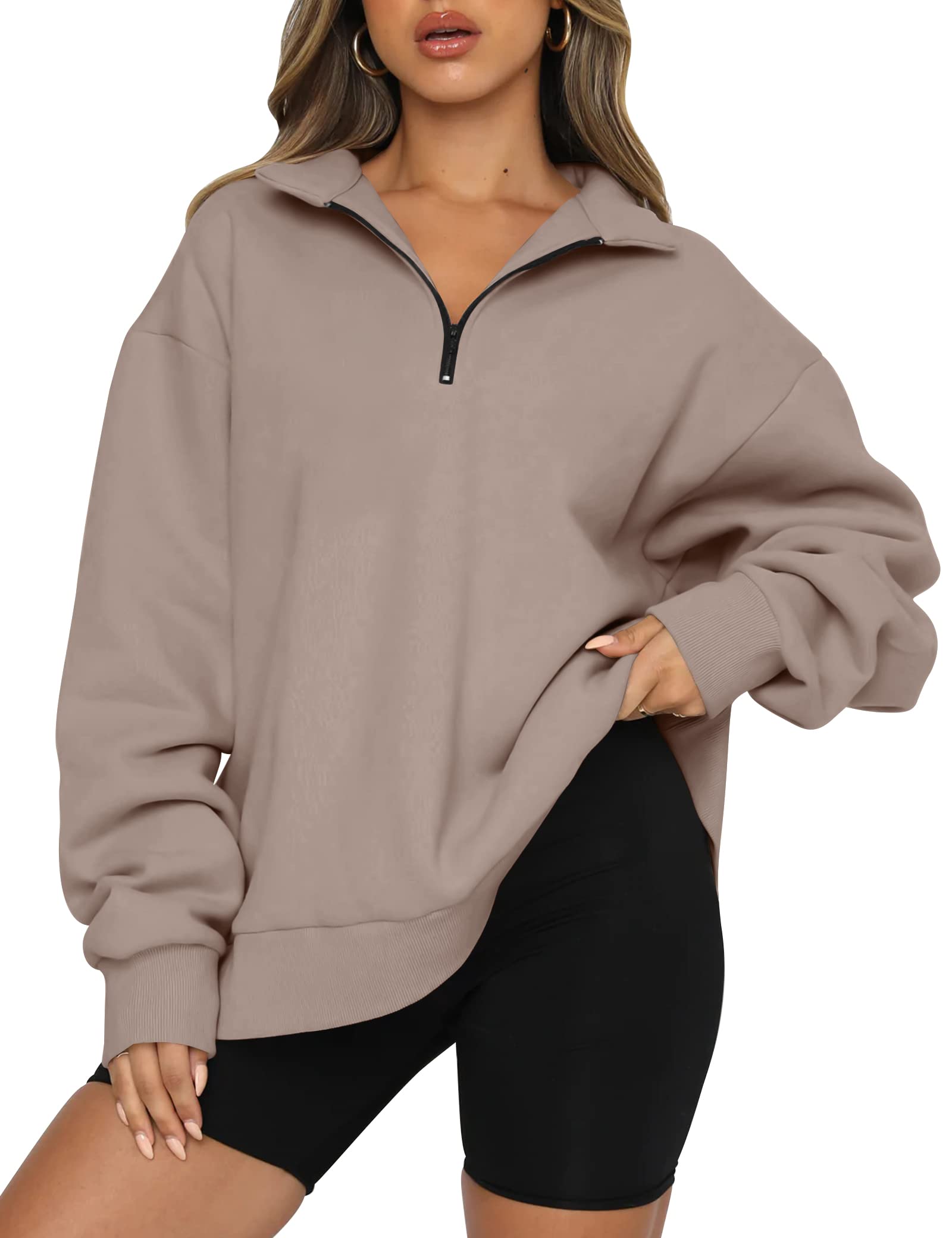 Trendy Queen Womens Oversized Sweatshirts Fall Fashion Hoodies Half Zip Pullover Long Sleeve Shirts Clothes Outfits