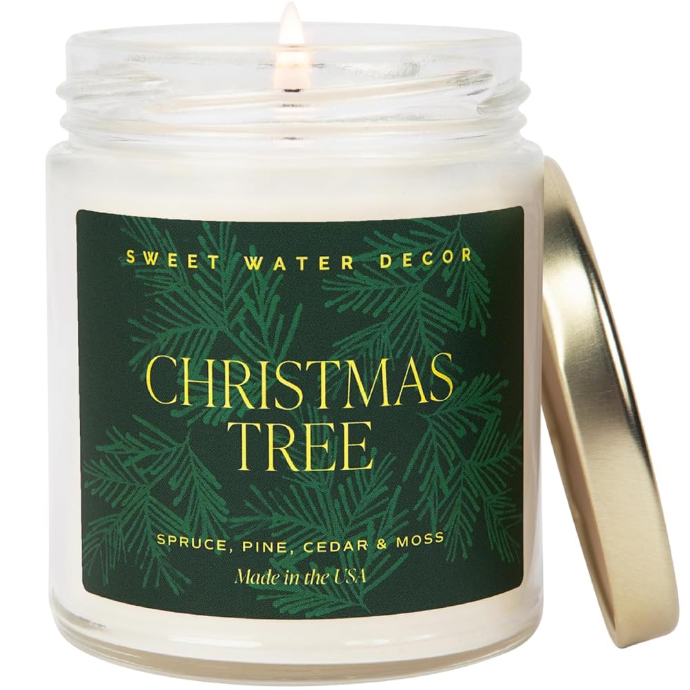 Sweet Water DecorChristmas Tree Candle | Spruce, Pine Needles and Evergreen Candles Scented Soy Candles for Home | Christmas Candle Gold Foil Pattern 9oz Clear Jar, 40 Hour Burn Time, Made in the USA