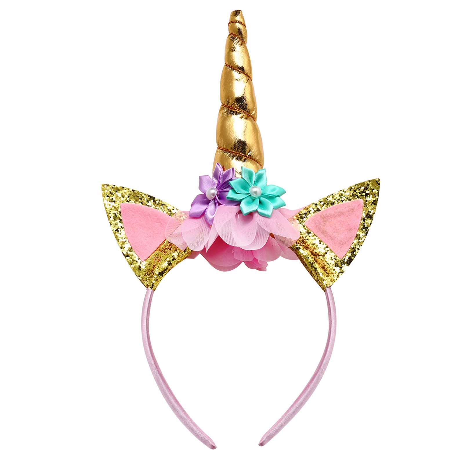 Unicorn Headband, Sparkled Unicorn Horn Photo Props Cosplay Headdress Flower Cat Ear Head band for Unicorn Party Supplies Christmas Birthday Cosplay Costume, Beautiful Hair Accessories (Gold)