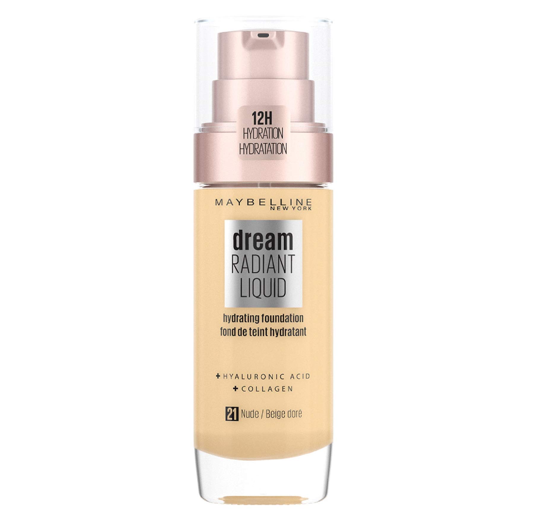 MaybellineFoundation, Dream Radiant Liquid Hydrating Foundation with Hyaluronic Acid and Collagen - Lightweight, Medium Coverage Up to 12 Hour Hydration - 21 Nude