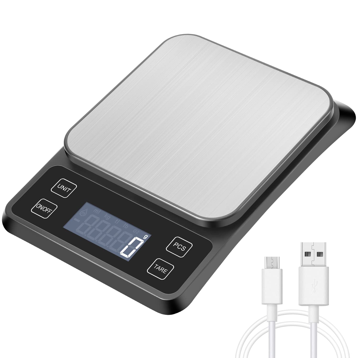 MOSUODigital Kitchen Scale with USB Rechargeable, Food Scale 10kg /1g Stainless Steel Electronic Cooking Scale, Weighing Scales with Back-Lit, Tare Function, Batteries Included,for Baking