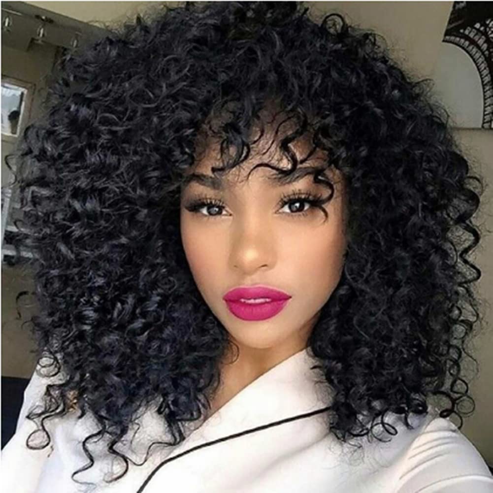 DIGAO Afro Short Curly Wigs for Black Women Fashion Black Synthetic Full Kinky Curly Afro Hair Wig with Bangs for Ladys (Black)