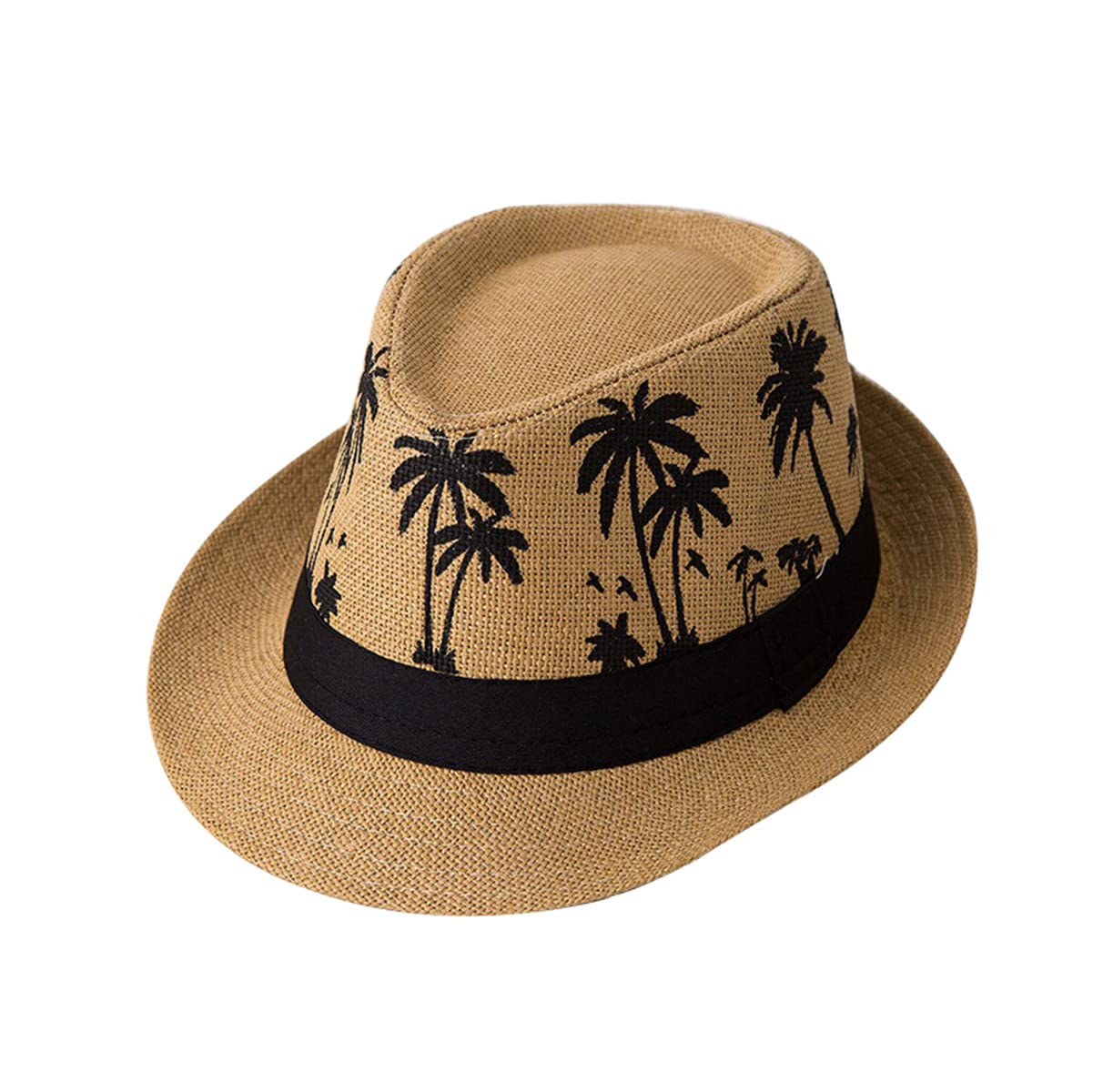 Panama Straw Hats Short Brim Fedora Straw Hat Trilby Hat Palm Tree Print Summer Beach Sun Hat Cap for Men Women