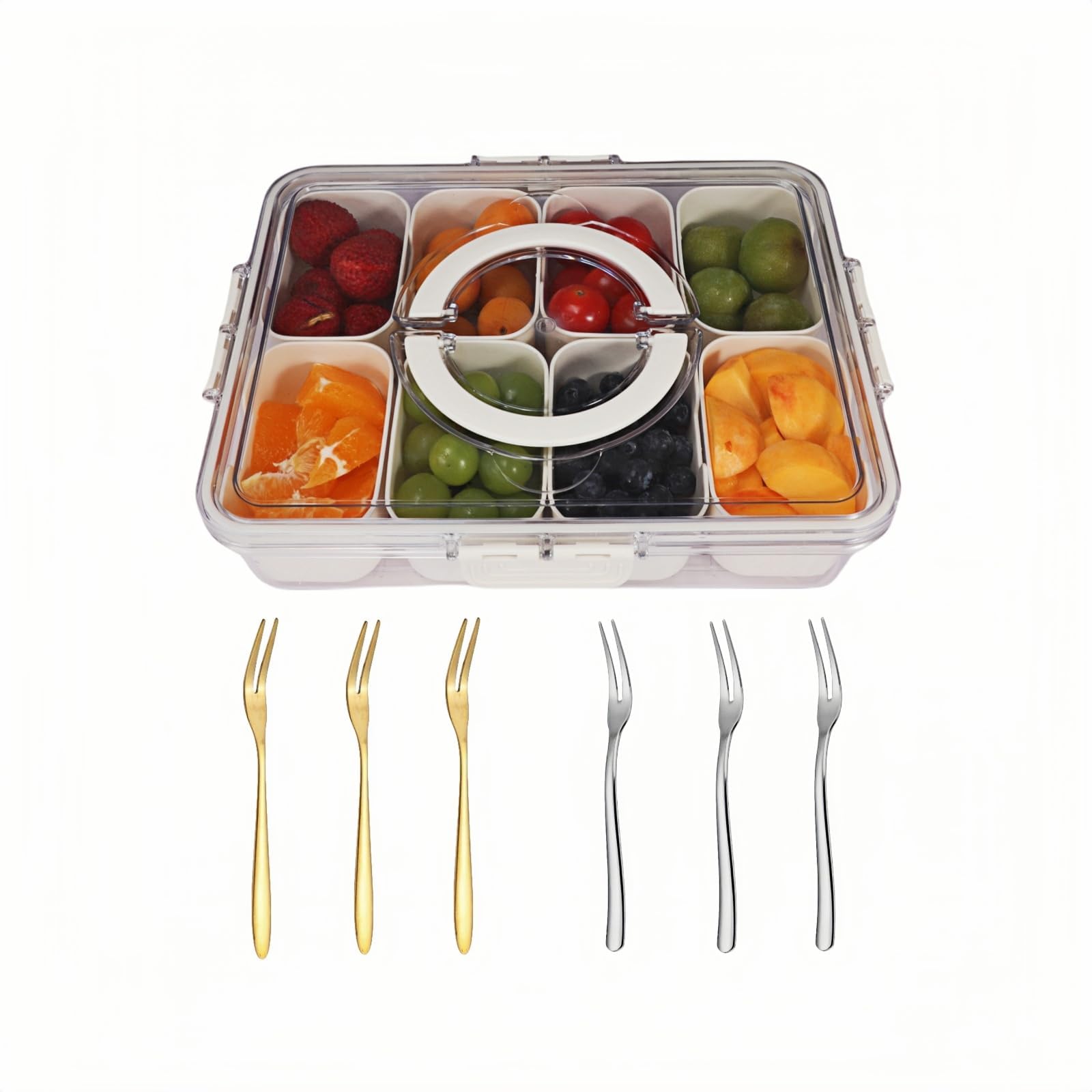 BIGTHREEDivided Serving Tray with Lid and Handle, 1 Pcs Portable Snack Containers with 6 Pcs Forks, Divided Clear Snack Box Serving Tray for Charcuterie, Candy, Fruits, Nuts, Snacks