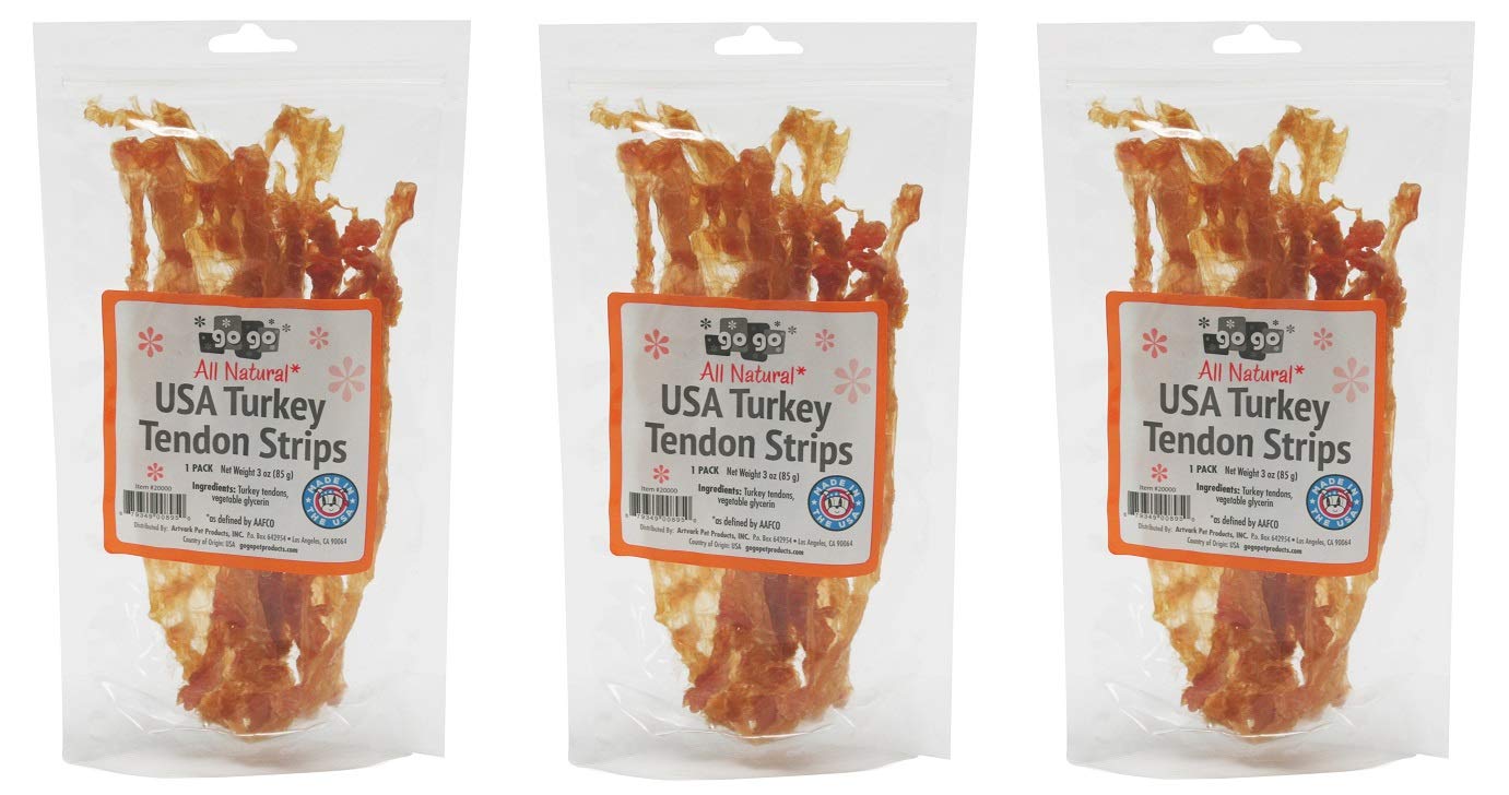 GOGO3oz Turkey Tendon Strips Dog Chew Treats Sources and Made in The USA (3 Pack)