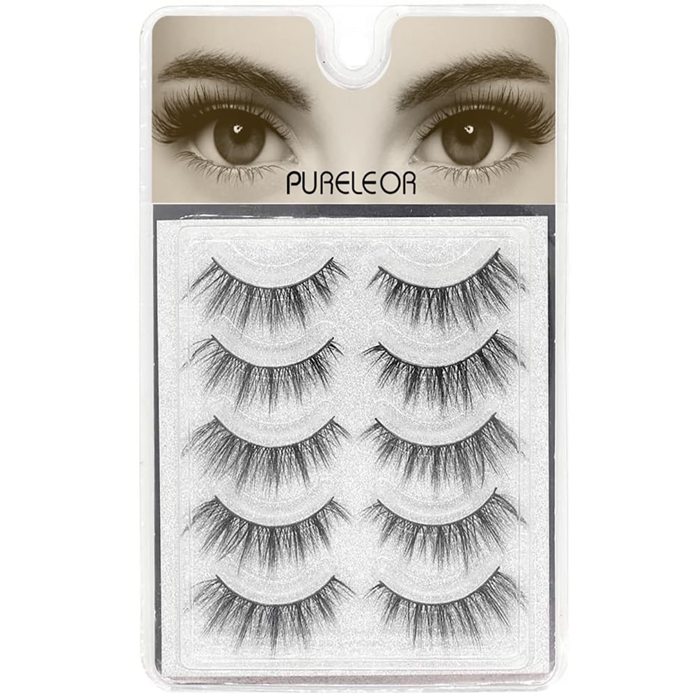 Natural Look Eyelashes 3D Mink Cat Eye Lash Wispies 15mm Manga Lashes 5 Pairs Soft Reusable False Eyelashes Lightweight, No Glue Included