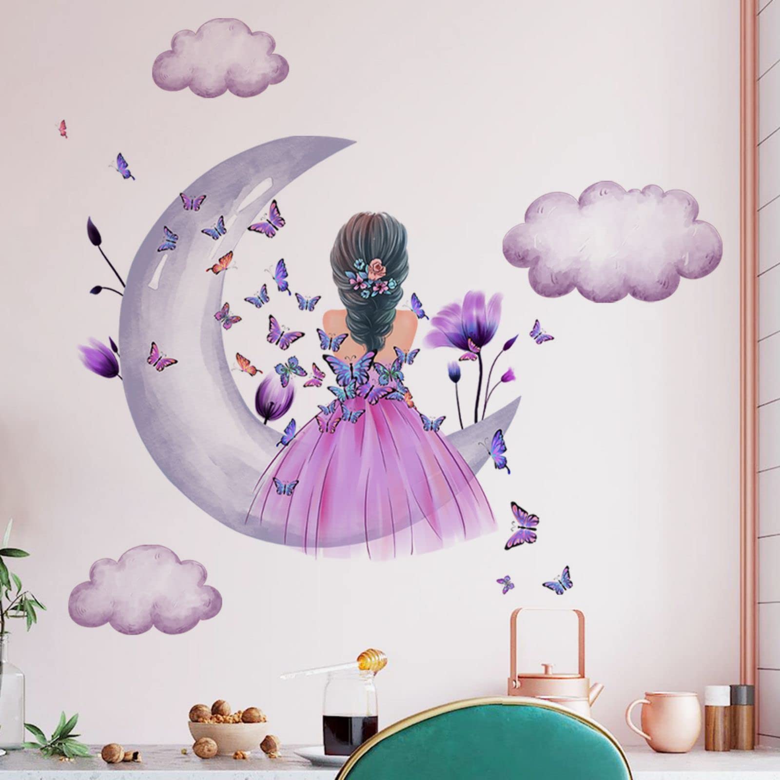 Butterfly Girl Wall Stickers,Moon Clouds Flower Fairy Wall Decal,Pink Floral Wall Mural Colorful Butterflies Wall Decor, DIY Removable Vinyl Wall Art for Girls Baby Nursery Bedroom Playroom