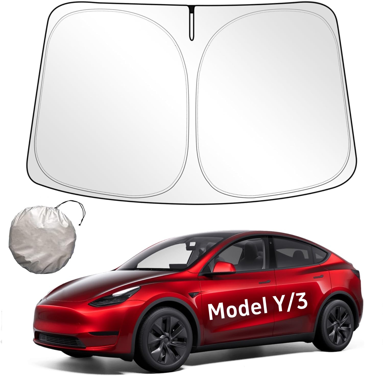 2024 Newest Windshield Sun Shade for Tesla Model Y/3, Improved UV Protection Fabric, Metal Frame, Custom-Size Foldable Sunshades for Front Windows, Car Accessories for Tesla Model Y/3 2016-2024