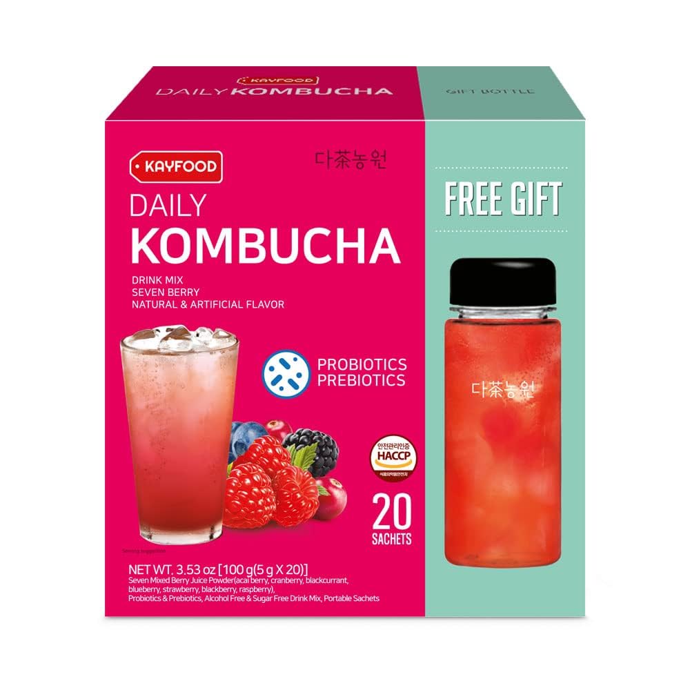 KAYFOODKombucha-Sevenberry-Garden-Daily 20 Sticks with Gift Bottle Zero Sugar, Diet, Gut Healthy Sparkling Beverage, Fermented Korean Drinks for Iced Tea Hot Tea, Workout Tea 3.52oz (100g)