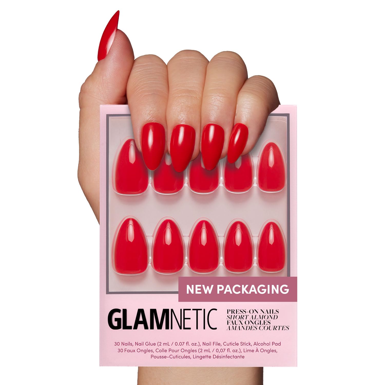 Glamnetic Press On Nails - Fiery Red | Opaque Bright Red Short Almond Fake Nails, Reusable | 15 Sizes - 30 Nail Kit