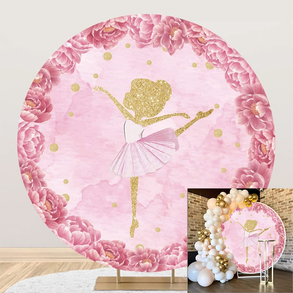 DORCEV Ballet Girl Round Backdrop Cover 7.5x7.5ft Polyester Sweet Elegant Ballerina Background for Photography Pink Flowers Wreath Gold Dots Glitter Kids Girls Birthday Party Decor Photo Portrait Prop