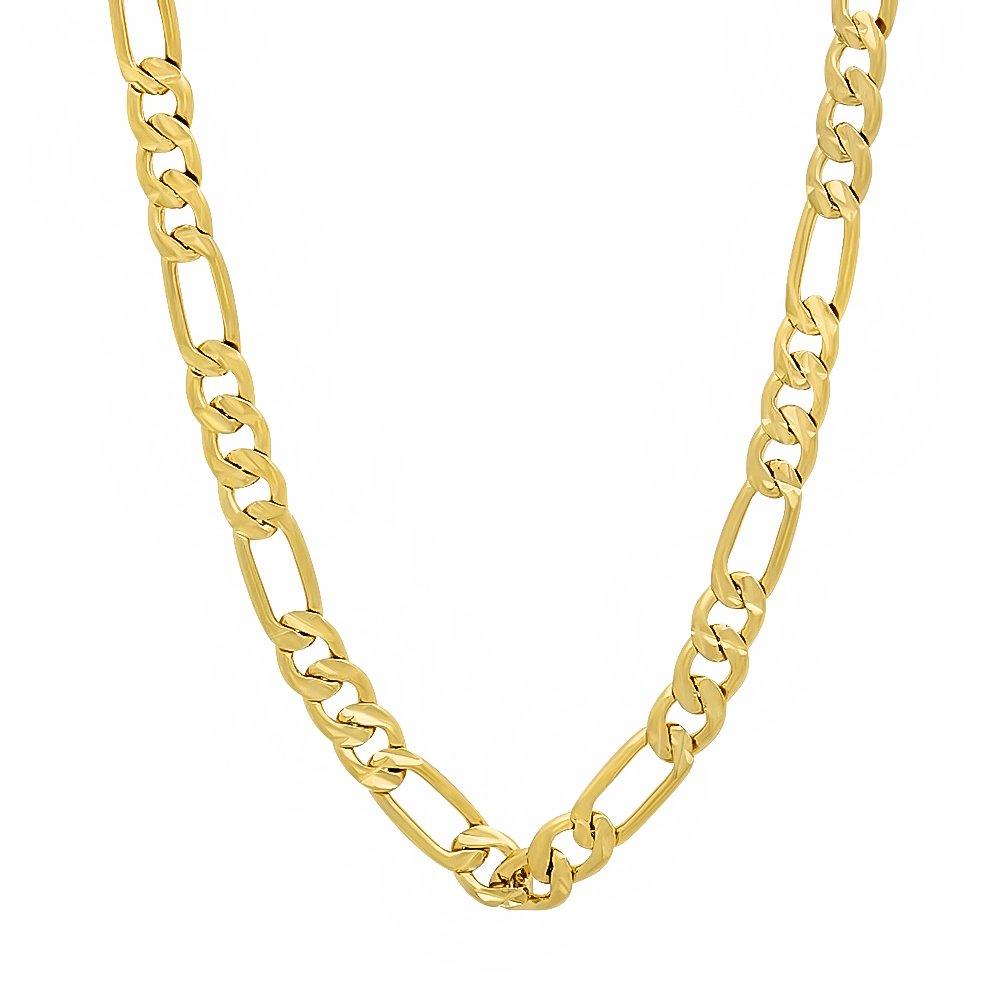 The Bling Factory 5.6mm-9mm Men's/14k Yellow Gold Plated Textured Figaro Link Chain 7"-36" + Jewelry Polishing Cloth