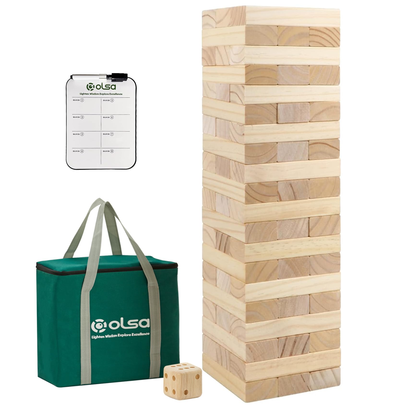 Olsa Giant Tumble Tower 60 PCS Wooden Block Stacking Games with Carrying Bag Classic Indoor & Outdoor Games for Kids Adults Family Backyard Lawn Beach Camping (Stack from 2.2 Ft to 5Ft)