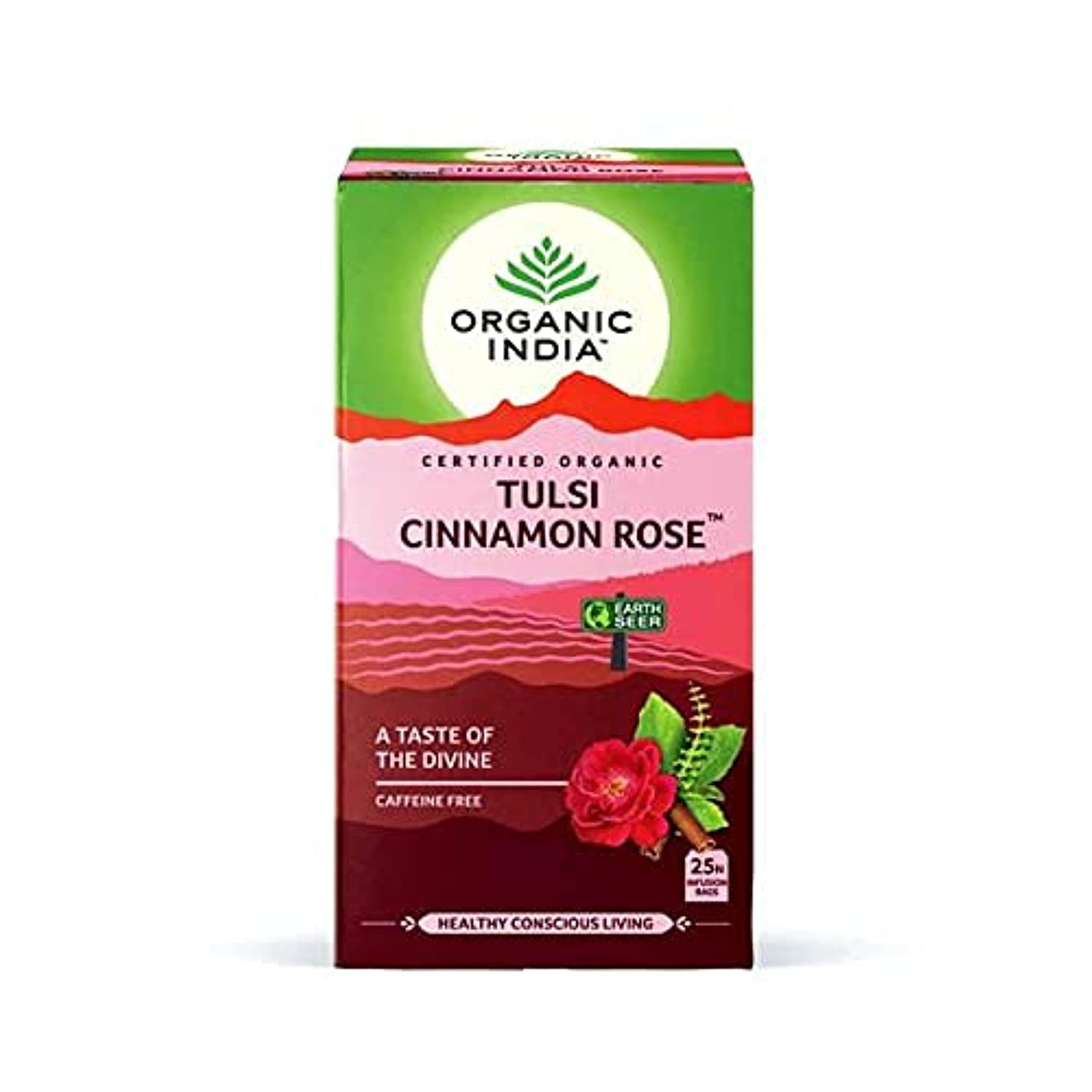 Organic India Tulsi Cinnamon Rose Herbal Tea, Soothing & Relaxing Organic Tea, 25 Teabags