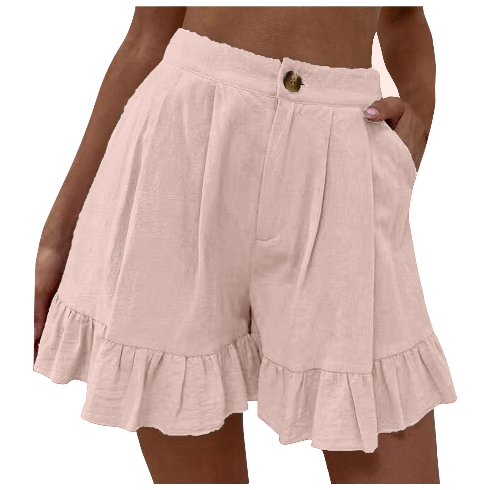 Women's Ruffle Hem Shorts Cotton Linen Wide Leg Shorts Casual Button Up Stylish Shorts