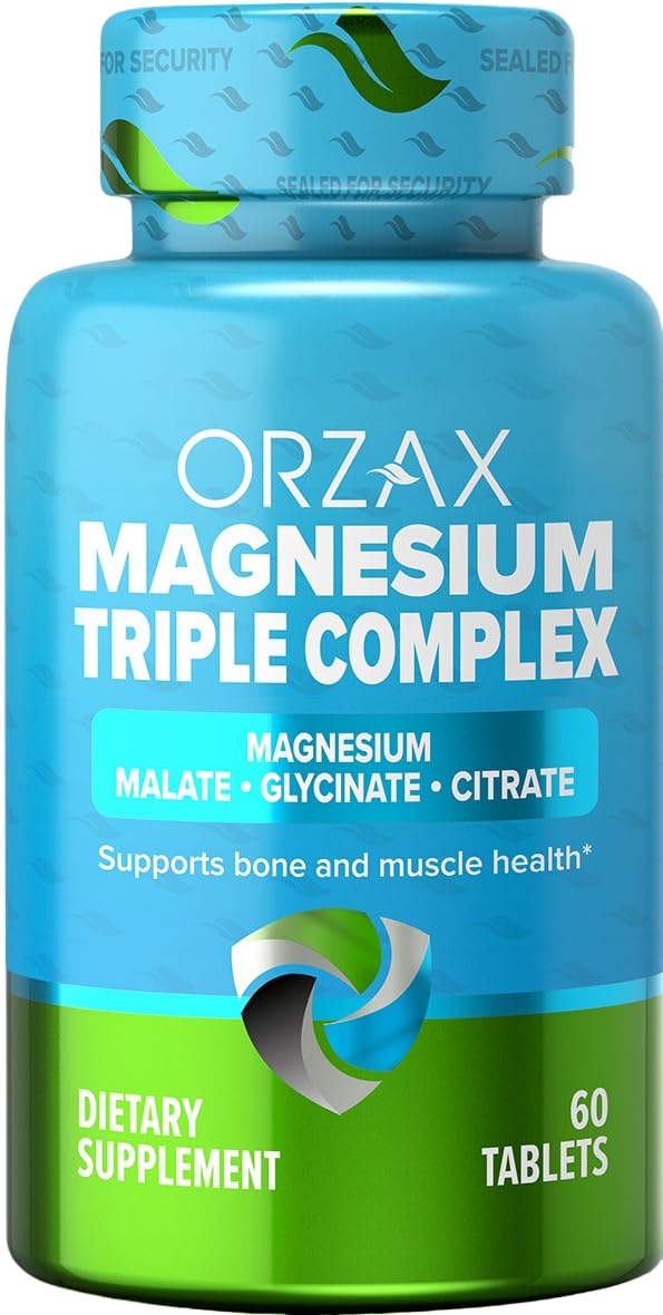 ORZAX Magnesium Glycinate, Citrate, Malate - 200 mg of Triple Complex Magnesium for Muscles & Energy for Women and Men - Gluten & Dairy Free, Halal (60 Tablets)