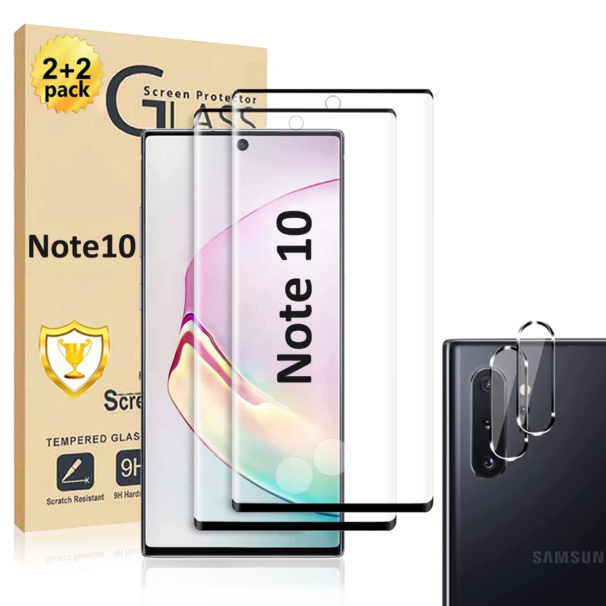 Galaxy Note 10 Screen Protector, 2 Pack Tempered Glass Screen Protector, 2 Pack Camera Lens Protector, 3D Glass 9H Hardness Tempered Glass Screen Protector for Samsung Galaxy Note 10【2+2 Pack】