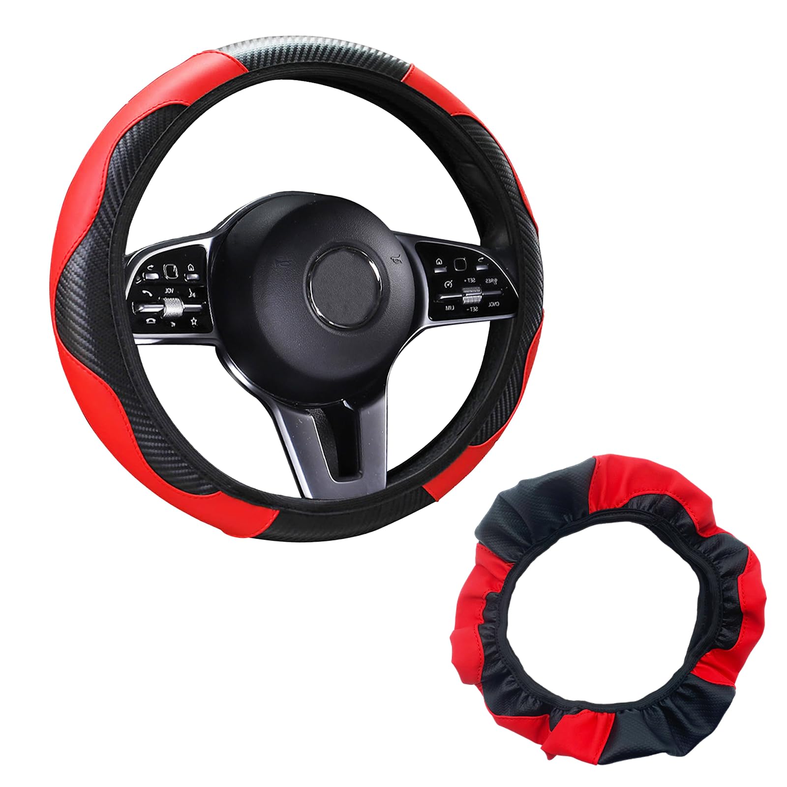 Car Universal Steering Wheel Cover Carbon Fibre Leather Steering Wheel Cover Anti-slip Eco-friendly Steering Wheel Protective Cover Car Accessories Interior Diameter 37-38cm/15inch Black Red