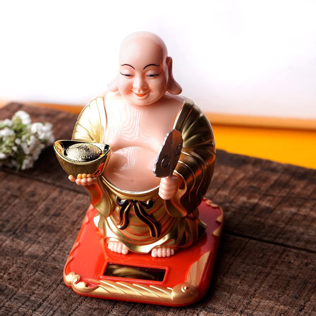 9Dzine Feng Shui Waving Fan and Ignot with Solar Laughing Buddha Statue for Home Decor Items Car Dashboard Accessories Gifts Office Room Decor Table Showpieces 4 Inch