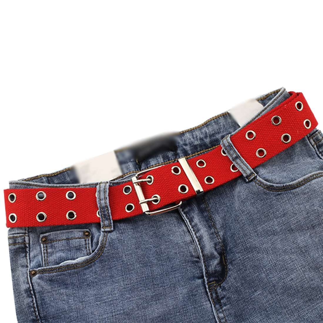 DAMSILWomen's Canvas Belt Punk Double Grommet Belt Jeans Belt For Double Pin Buckle Waist Belt