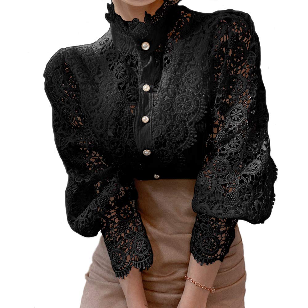 FENGQIYUNHAIWomen’s Elegant Lace Trim Shirts Casual Victorian Blouse Long Sleeve Button Down Tops